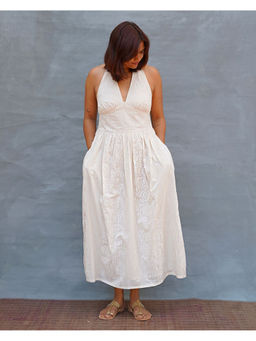 Chidiyaa - Cloudfall Handblock Print Cotton White Maxi Dress