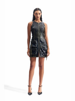 CILVR - Cracked Leather Utility Black Mini Dress