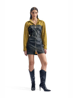 CILVR - Cracked Leather Hybrid Mustard Mini Dress