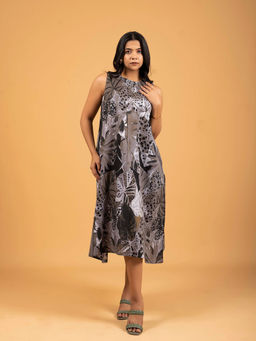 SPARSA - Printed Sleeveless A-Line Cotton Grey Midi Dress