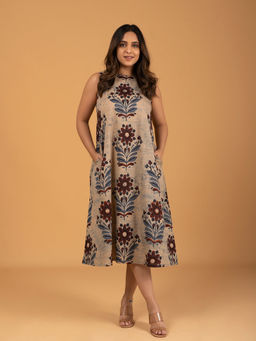 SPARSA - Printed Sleeveless A-Line Cotton Beige Knee Length Dress