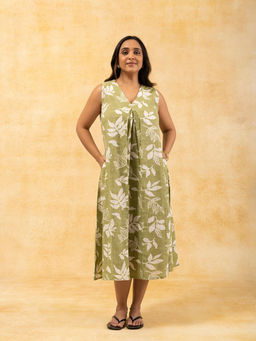 SPARSA - Printed A-Line Sleeveless Cotton Green Midi Dress