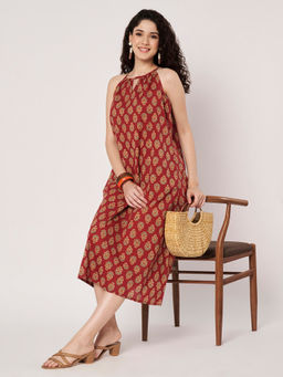 SPARSA - Printed Sleeveless A-Line Cotton Maroon Midi Dress