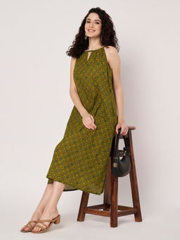 SPARSA - Printed Sleeveless A-Line Cotton Green Midi Dress