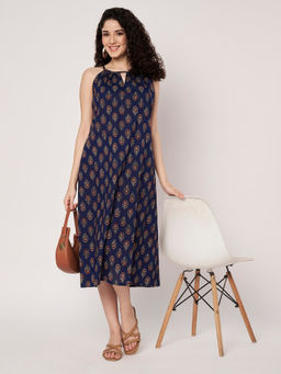 SPARSA - Printed Sleeveless A-Line Cotton Navy Blue Midi Dress