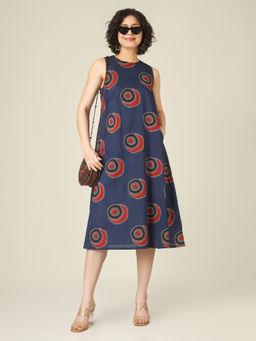 SPARSA - Printed Sleeveless A-Line Cotton Blue Midi Dress