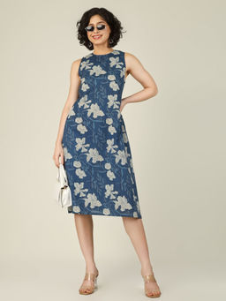 SPARSA - Printed Sleeveless A-Line Cotton Blue Midi Dress