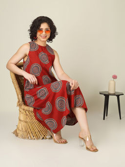 SPARSA - Printed Sleeveless A-Line Cotton Maroon Midi Dress