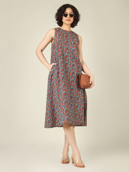 SPARSA - Printed Sleeveless A-Line Cotton Blue Midi Dress