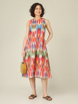 SPARSA - Ikkat Print Sleeveless A-Line Cotton Off White Midi Dress