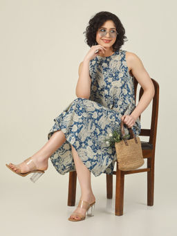 SPARSA - Printed Sleeveless A-Line Cotton Blue Midi Dress