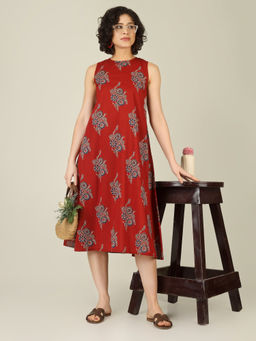 SPARSA - Printed Sleeveless A-Line Cotton Red Midi Dress