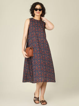 SPARSA - Printed Sleeveless A-Line Cotton Navy Blue Midi Dress