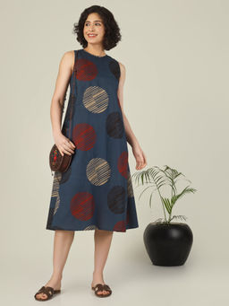 SPARSA - Printed Sleeveless A-Line Cotton Blue Midi Dress