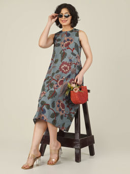 SPARSA - Printed Sleeveless A-Line Cotton Blue Midi Dress