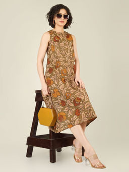 SPARSA - Printed Sleeveless A-Line Cotton Olive Midi Dress