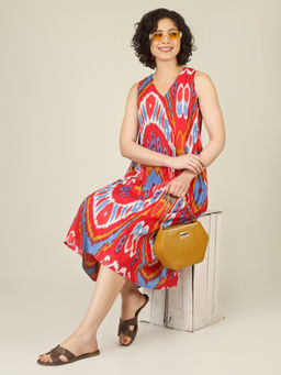 SPARSA - Printed V-Neck Sleeveless A-Line Cotton Red Midi Dress