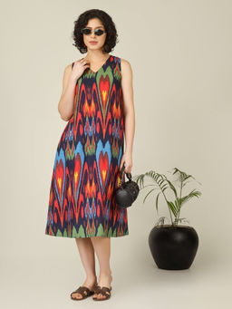 SPARSA - Printed V-Neck Sleeveless A-Line Cotton Navy Blue Midi Dress