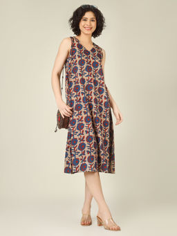 SPARSA - Printed V-Neck Sleeveless A-Line Cotton Beige Knee Length Dress