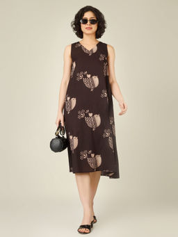 SPARSA - Printed V-Neck Sleeveless A-Line Cotton Brown Knee Length Dress