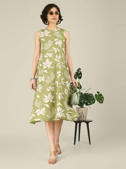 SPARSA - Printed Sleeveless A-Line Cotton Green Midi Dress