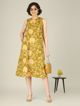 SPARSA - Printed Sleeveless A-Line Cotton Green Midi Dress