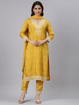 NEERU'S - Mustard Regular Straight Solid Kurta and Pant with Dupatta (Set of 3)