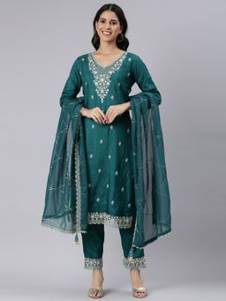 NEERU'S - Green Regular Straight Solid Kurta and Pant with Dupatta (Set of 3)