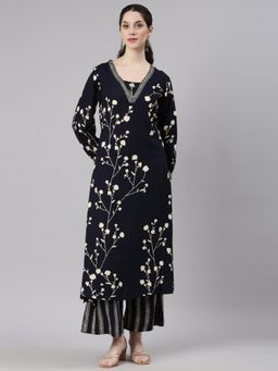 NEERU'S - Navy Blue Straight Casual Floral Kurta and Palazzo (Set of 2)