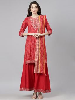NEERU'S - Red Casual Bandhani Straight Kurti and Palazzo with Dupatta (Set of 3)