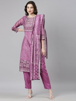 NEERU'S - Magenta Casual Floral Straight Kurta and Pant with Dupatta (Set of 3)