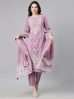 NEERU'S - Purple Casual Ethnic Motifs Straight Kurta and Pant with Dupatta (Set of 3)