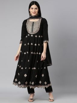 NEERU'S - Black Regular Straight Floral Kurta and Pant with Dupatta (Set of 3)