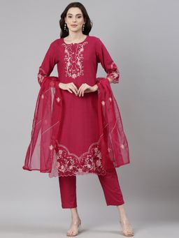 NEERU'S - Magenta Casual Straight Kurta and Pant with Dupatta (Set of 3)