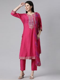 NEERU'S - Pink Casual Solid Straight Kurta and Pant with Dupatta (Set of 3)