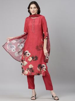 NEERU'S - Red Casual Floral Straight Kurta and Pant with Dupatta (Set of 3)