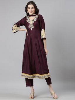 NEERU'S - Purple Casual Solid Anarkali and Pant with Dupatta (Set of 3)