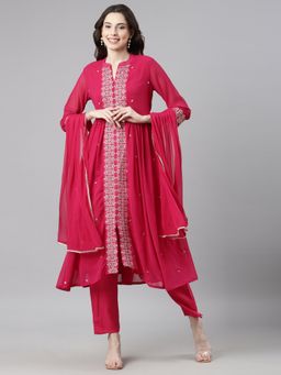 NEERU'S - Pink Casual Solid Anarkali and Pant with Dupatta (Set of 3)