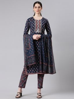 NEERU'S - Women Navy Blue Straight Kurta and Pant with Dupatta (Set of 3)