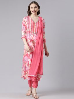 NEERU'S - Pink Curved Casual Floral Kurta Sets (Set of 3)