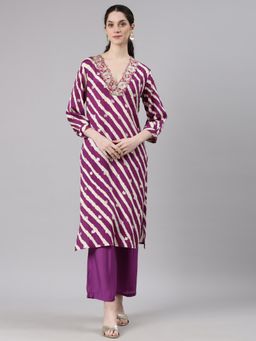 NEERU'S - Purple Straight Casual Leheriya Kurta and Pant (Set of 2)