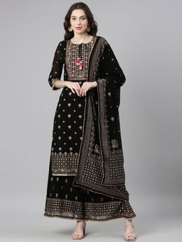 NEERU'S - Black Casual Floral Straight Kurta and Palazzo with Dupatta (Set of 3)