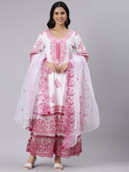 NEERU'S - Pink Panelled Straight Embroidered Kurta and Palazzo with Dupatta (Set of 3)