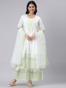 NEERU'S - Green Panelled Straight Embroidered Kurta and Palazzo with Dupatta (Set of 3)