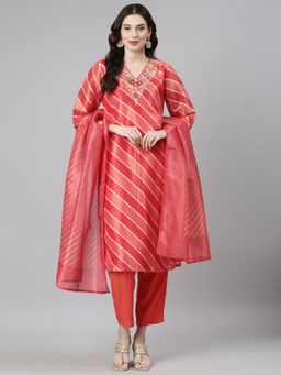 NEERU'S - Red Casual Leheriya Straight Kurta and Pant with Dupatta (Set of 3)