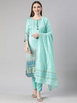 NEERU'S - Sea Green Regular Straight Floral Readymade suits (Set of 3)