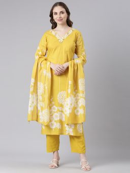 NEERU'S - Yellow Straight Casual Floral Kurta Sets (Set of 3)