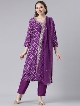 NEERU'S - Purple Straight Casual Chevron Kurta Sets (Set of 3)