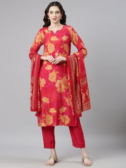 NEERU'S - Pink Casual Floral Straight Kurta and Pant with Dupatta (Set of 3)