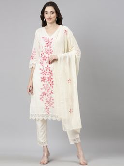 NEERU'S - Pink Casual Floral Straight Kurta and Pant with Dupatta (Set of 3)